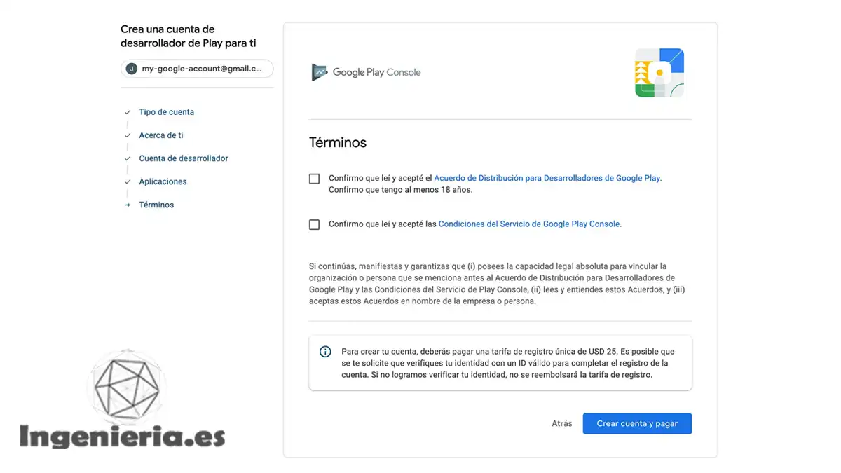 acepta los térmicos y condiciones para crear la cuenta de Google play console