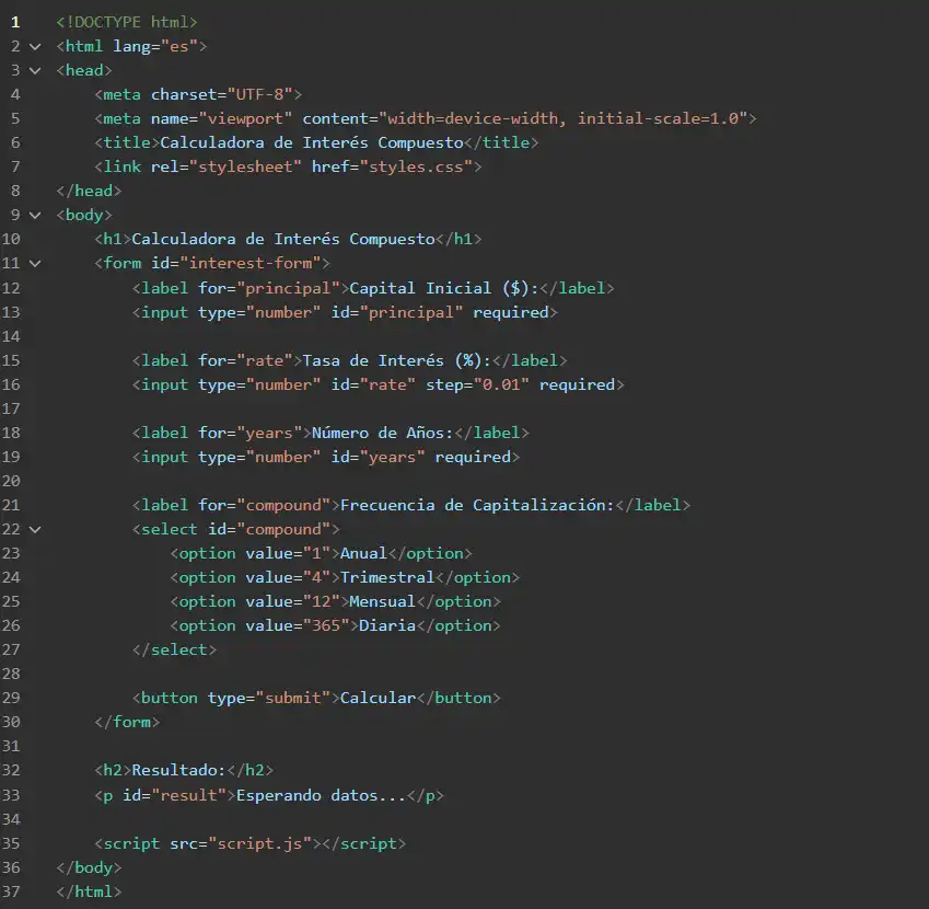 HTML básico de calculadora de interés compuesto