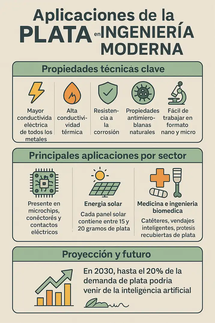 Aplicaciones de la plata en la ingeniería moderna infografía