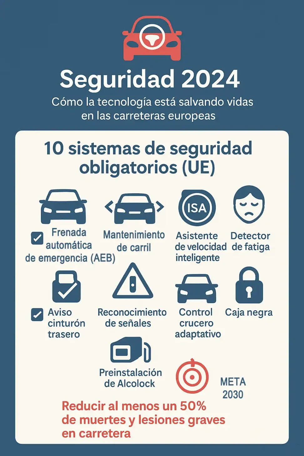 Tecnologías de seguridad obligatorias en coches desde julio 2024 infografía