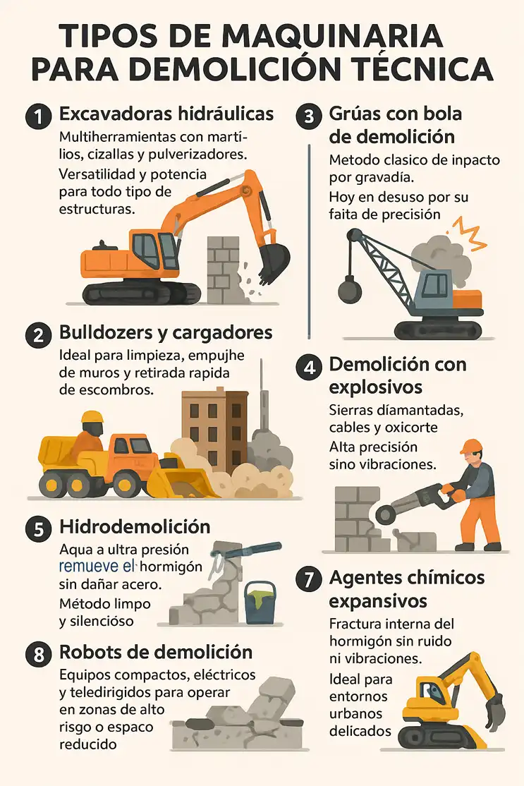 Tipos de maquinaria industrial para demolición técnica infografía