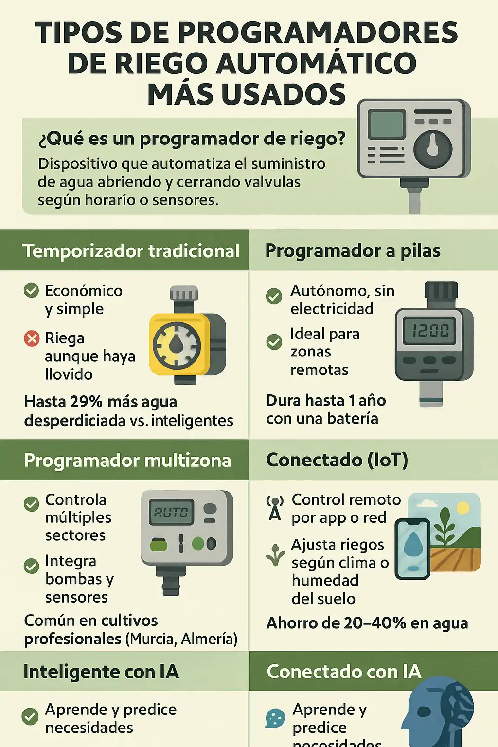 tipos de programadores de riego automático más usados infografía