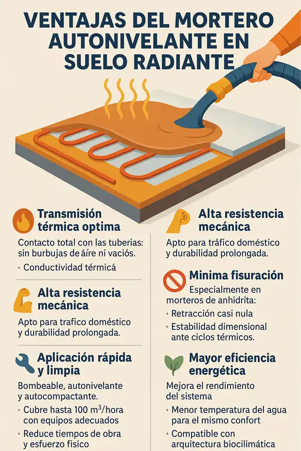 ventajas del mortero autonivelante en suelo radiante infografía
