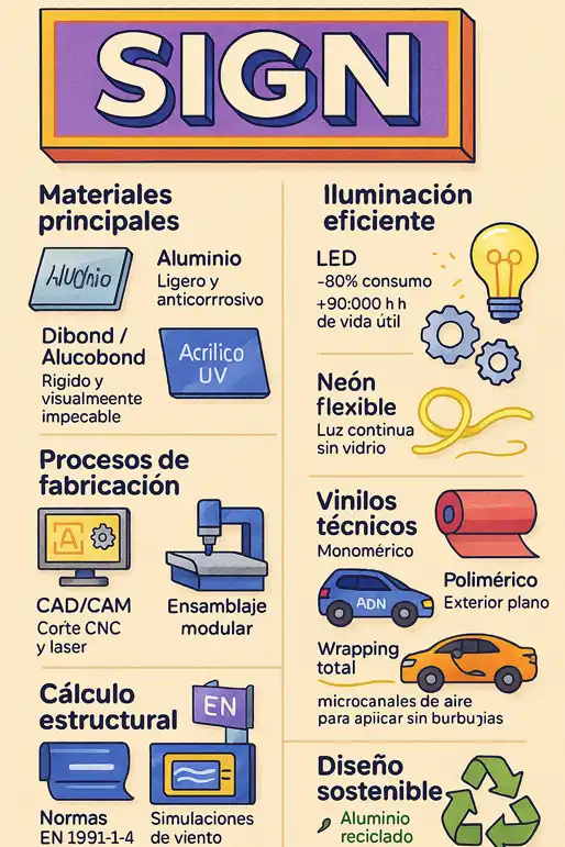 cómo la ingeniería aplicada influye en el diseño y fabricación de rótulos infografía
