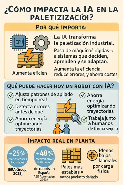 Integración de inteligencia artificial en robots paletizadores infografía