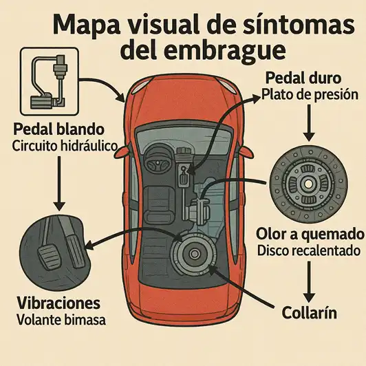 mapa visual de síntomas de embrague defectuoso (infografía)