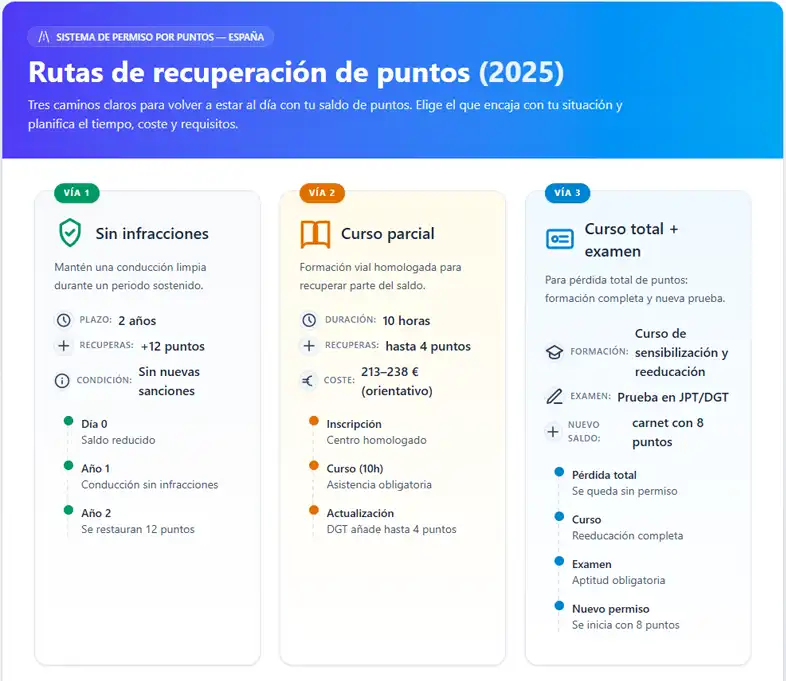 rutas de recuperación de puntos en el carnet de conducir